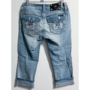 Miss Me Denim Jeans Capri Cuffed Sz 28 Rhinestone Embroidered Y2K Low Rise Flap